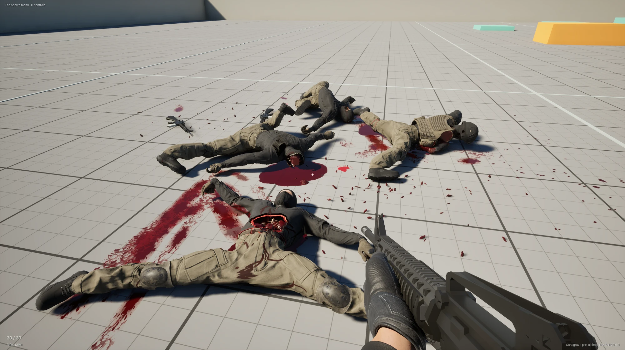 Sandgrave gameplay: four soldiers lie ragdolled in pools of blood on the test range, seen over the player's rifle.