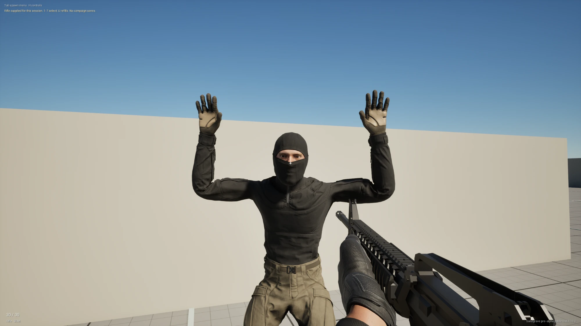 Sandgrave gameplay: a masked soldier raises both hands in surrender in front of the player's rifle.