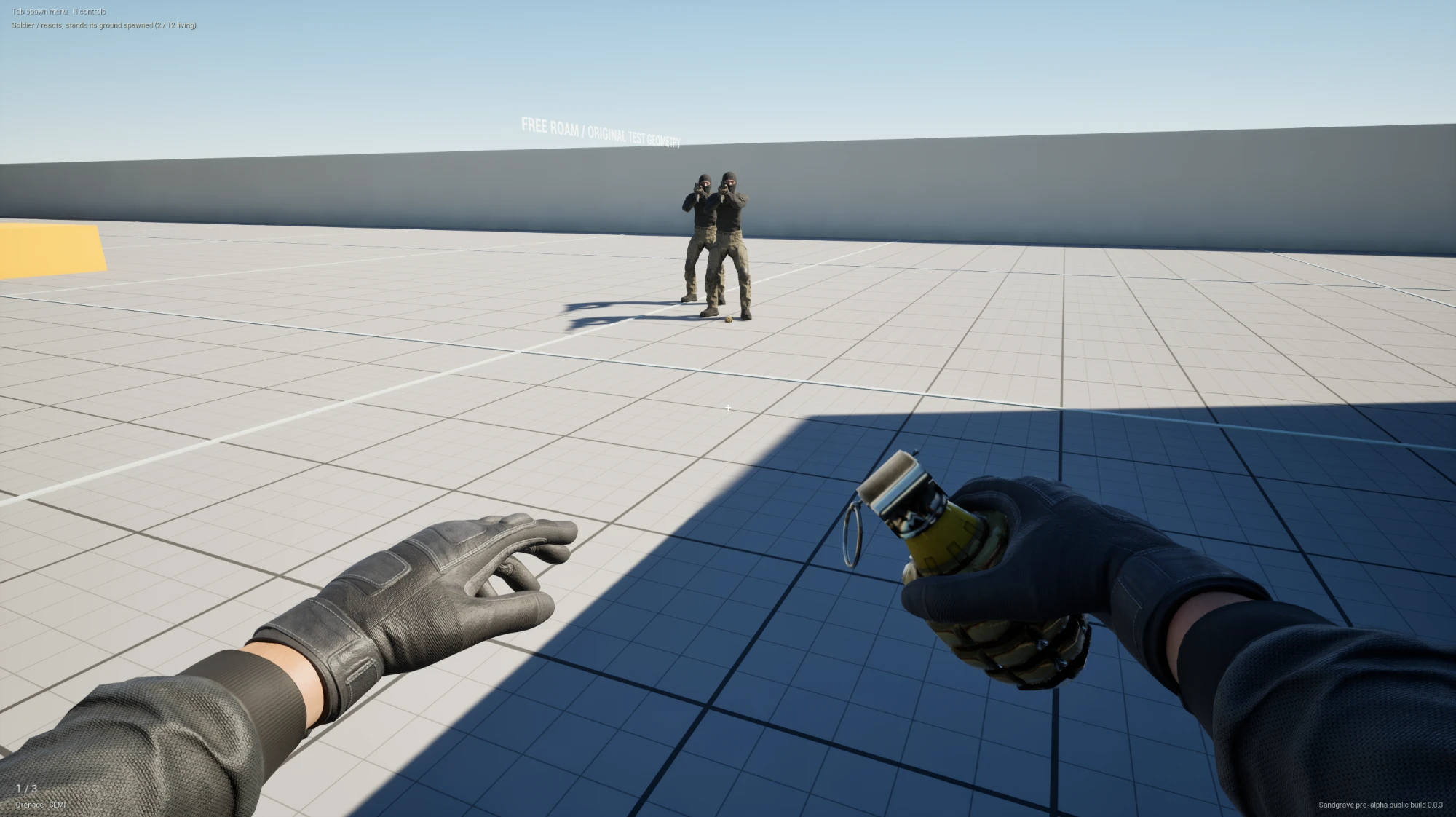 Sandgrave gameplay: the player holds a grenade while two masked soldiers aim back across the free-roam test area.