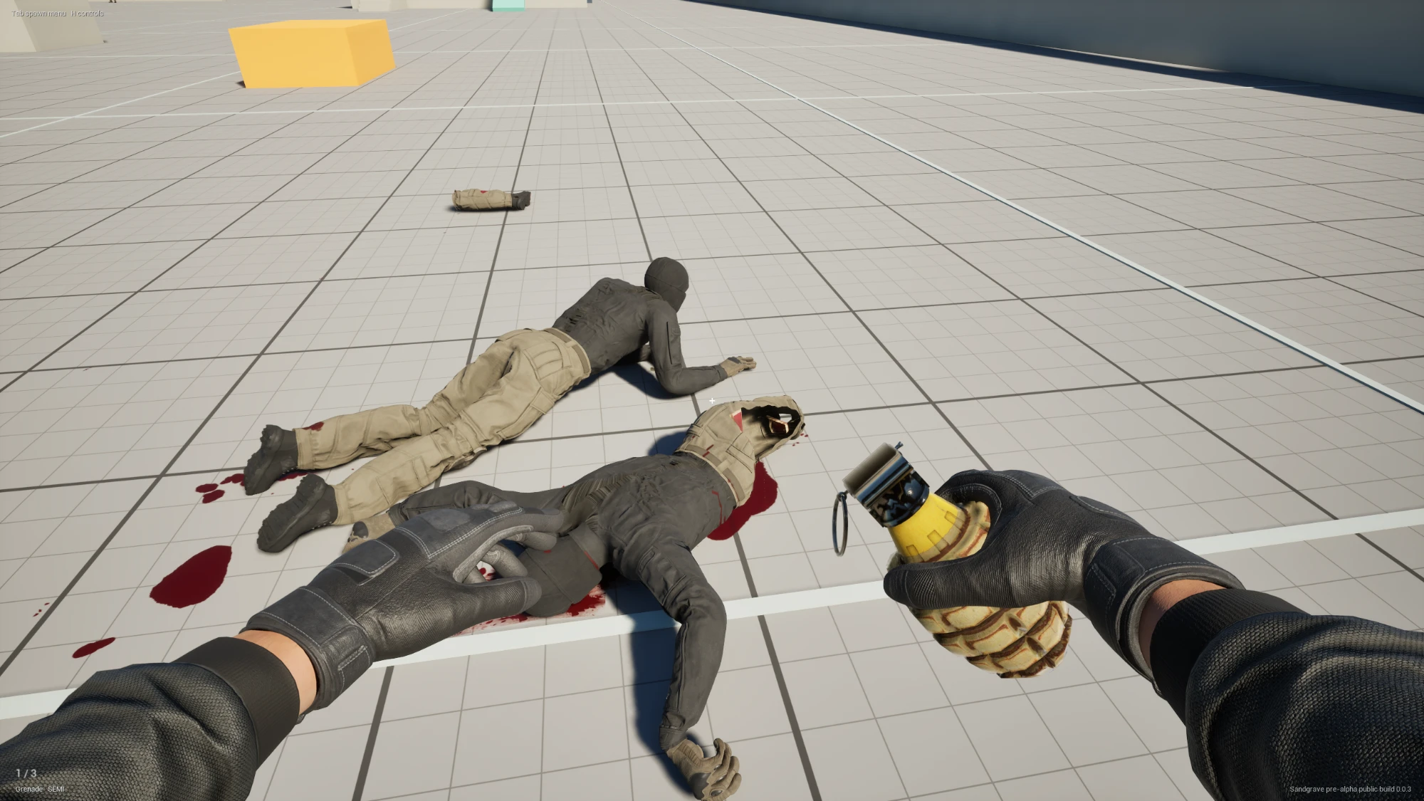 Sandgrave gameplay: two downed soldiers and a severed arm on the test range after a grenade blast.
